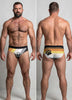 Gay bear pride underwear with bear brotherhood flag stripes and paw print design, men’s briefs front and back view