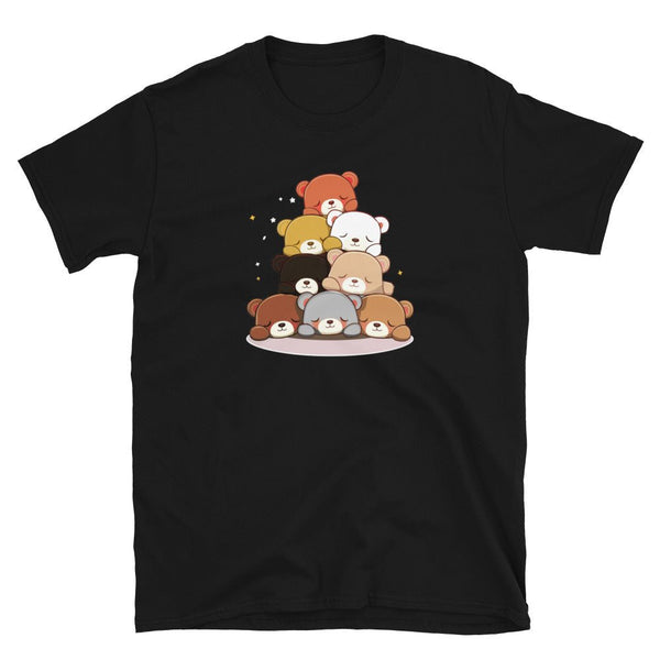 Black t-shirt featuring a stack of cute cartoon bears, perfect for gay bear pride apparel.