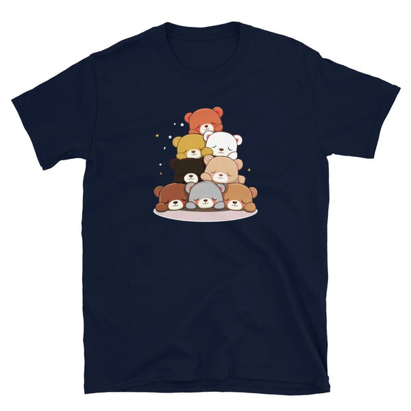 Navy blue shirt featuring stacked cute bear graphics, ideal for gay bear pride apparel.