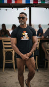 Muscle man wearing Gay Bear Shirt at beach bar, featuring bear graphics.