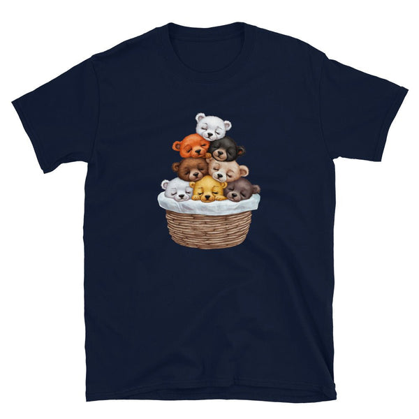 Navy blue shirt featuring a stack of cute cartoon bears in a basket.