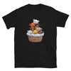 Black shirt featuring cute cartoon bears in a basket, ideal for gay pride apparel.