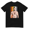 Black gay bear t-shirt featuring a shirtless model and pride colors.