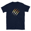 Navy blue gay shirt with claw marks in Bear Pride flag colors.