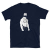 Gay Bear T-Shirt with muscular male graphic on navy fabric, part of pride apparel.