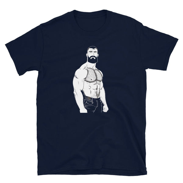 Gay Bear T-Shirt with muscular male graphic on navy fabric, part of pride apparel.