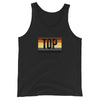 Black tank top featuring the word 'TOP' with colorful stripes, perfect gay pride apparel.