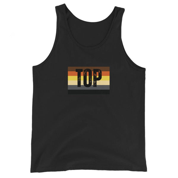 Black tank top featuring the word 'TOP' with colorful stripes, perfect gay pride apparel.