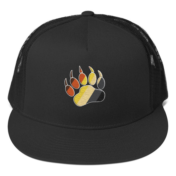 Gay Bear Trucker Hat - Gay Bear Pride LGBTQIA with paw print design on a black cap.