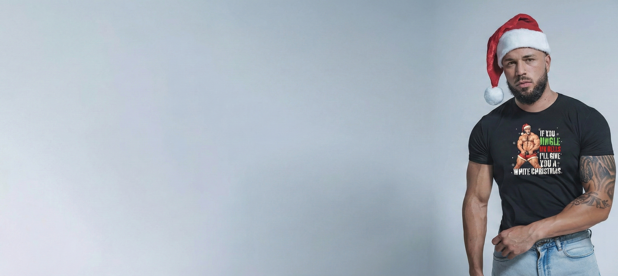 gay Christmas shirt worn by muscular daddy man in Santa hat featuring funny LGBT holiday design