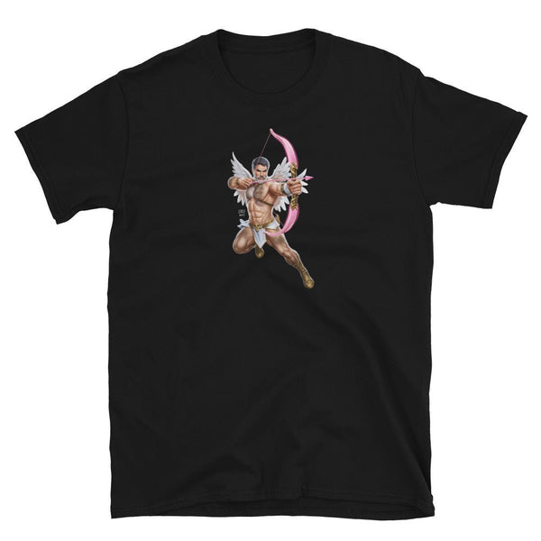 Gay Cupid Daddy Valentines Unisex T-Shirt - Gay Queer Tee Halloween Shirt featuring a muscular cupid graphic on black fabric.