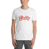 Model wearing a white Gay Dad Shirt Gay Daddy T-Shirt with pink graphic.