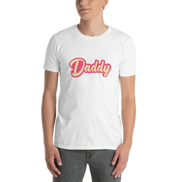 Model wearing a white Gay Dad Shirt Gay Daddy T-Shirt with pink graphic.