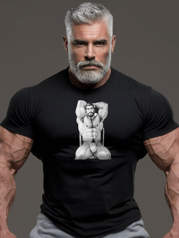 Model showcasing Gay Daddy Bear shirt with bold graphic design featuring a muscular man.