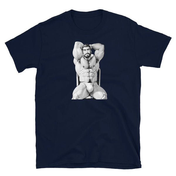 Gay Daddy Bear shirt featuring a muscular man graphic on a navy t-shirt.