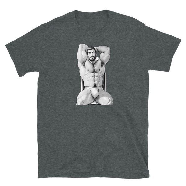 Gay Daddy Bear shirt featuring a muscular man design on a dark grey tee.