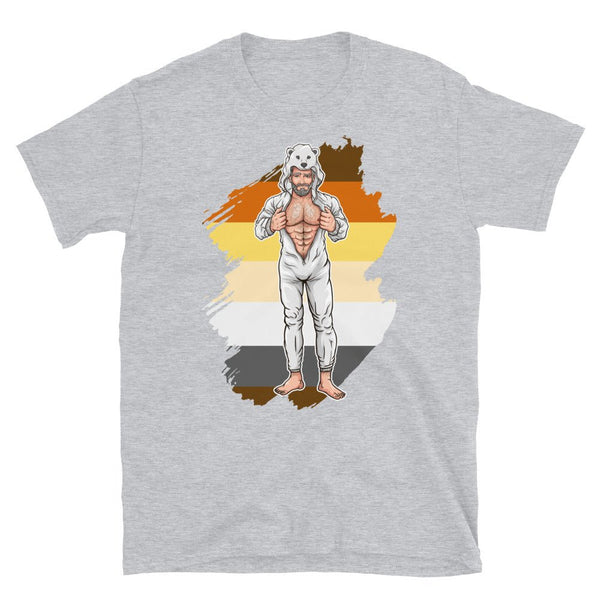 Gay Daddy Bear Shirt - Polar Bear Onesie with colorful background and muscular model.