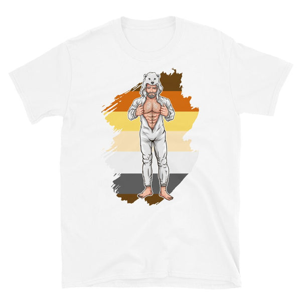 Funny gay shirt featuring a muscular man in a polar bear costume design.