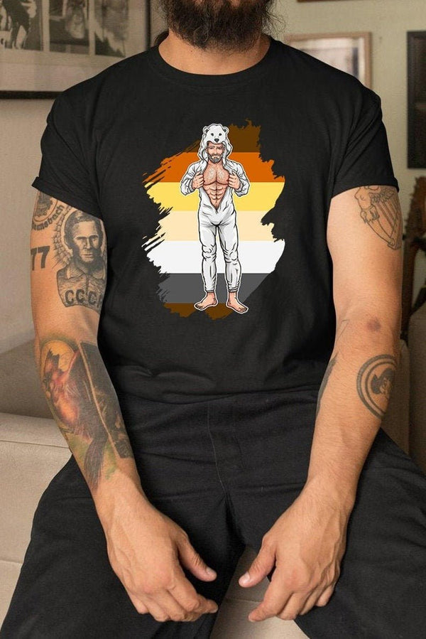 Gay Daddy Bear Shirt - Polar Bear Onesie on model, featuring muscular bear graphic and pride colors.