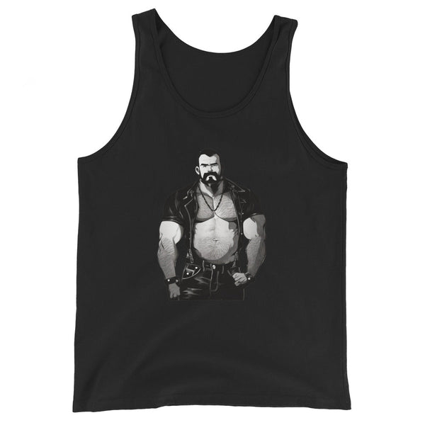 Black tank top featuring a muscular man with a bear design, Gay Daddy Bear Tanktop Brotherhood Pride.