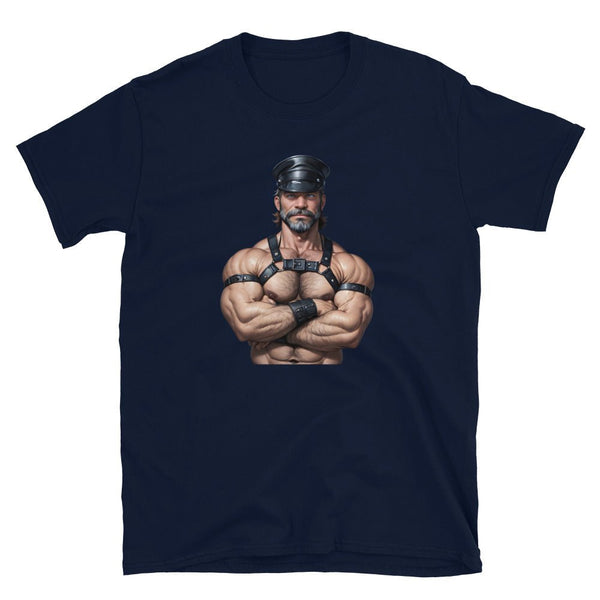Gay Dom Leather Daddy TShirt with graphic of muscular man in leather attire.