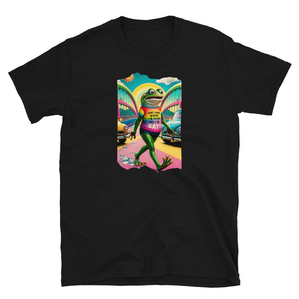 Black t-shirt featuring colorful frog design with text, Gay Frog Shirt I Don't Know Where I'm Going But I'm Gay Shirt Funny LGBTQ.