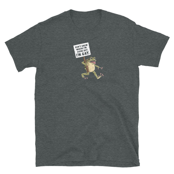 Soft dark grey t-shirt featuring a frog with a sign declaring "I'm Gay".
