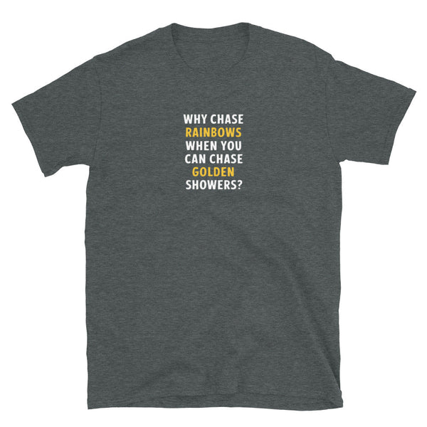 LGBTQ gay shirt with humorous text on a dark grey fabric.