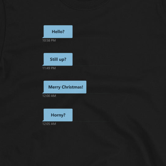 Gay Grindr Hookup Dialogue Shirt with texting graphics on a black background.