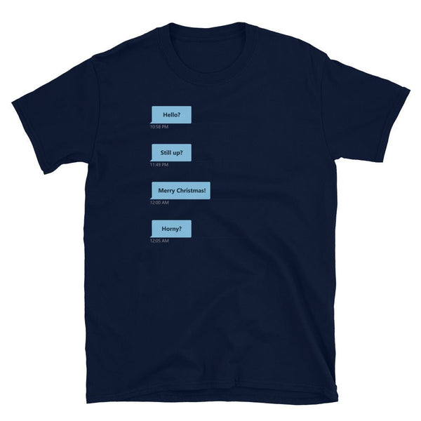 Gay Grindr Hookup Dialogue Shirt featuring texting graphics in blue on navy.