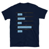 Gay Grindr Hookup Dialogue Shirt featuring playful sexting messages on navy fabric.