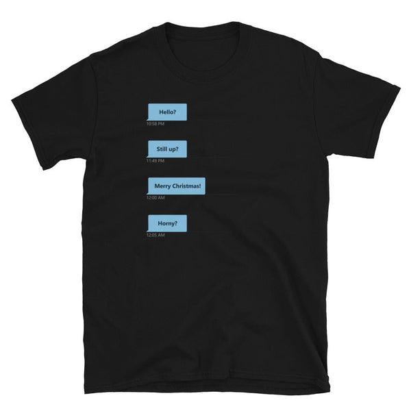 Funny gay shirt featuring humorous sexting dialogue in blue on black fabric.