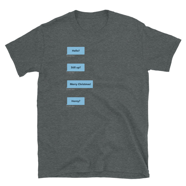 Gay Grindr Hookup Dialogue Shirt featuring playful sexting text on dark grey fabric.