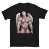 Muscular man in harness with angel wings on black gay pride shirt.