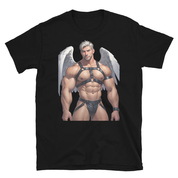 Muscular man in harness with angel wings on black gay pride shirt.