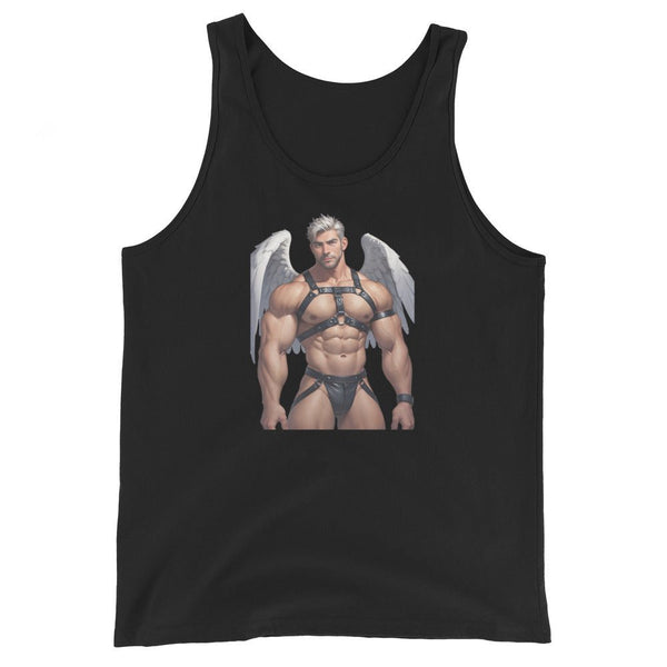 Gay Halloween Angel with Leather Harness Tank Top featuring a muscular model with wings.