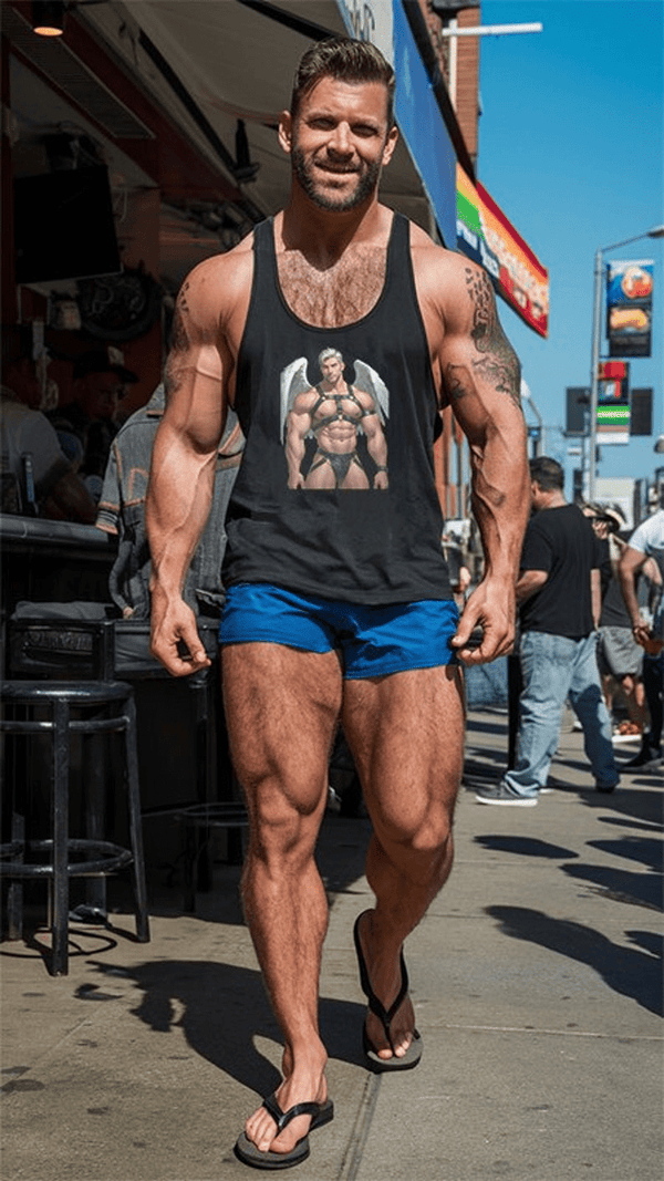 Muscular model wearing Gay Halloween Angel with Leather Harness Tank Top in bright sunlight.