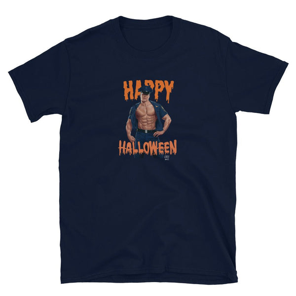 Gay Halloween Cop Unisex T-Shirt featuring a muscular man and spooky text design.