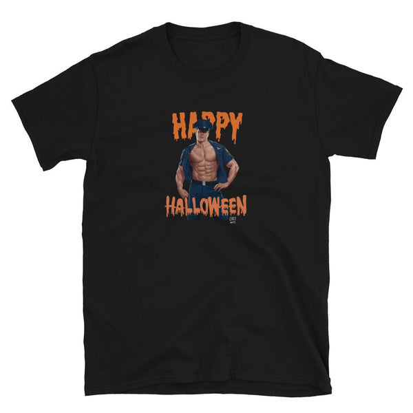 Gay Halloween Cop Unisex T-Shirt - Gay Jock Tee Halloween Shirt with muscular man graphic.