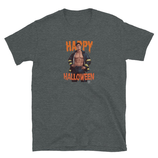 Gay Halloween Firefighter Unisex T-Shirt with graphic of muscled man and Halloween text.