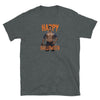 Gay Halloween Lumberjack Unisex T-Shirt featuring a muscular man and festive text.