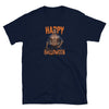 Gay Halloween Lumberjack Unisex T-Shirt featuring muscular man and Halloween text.