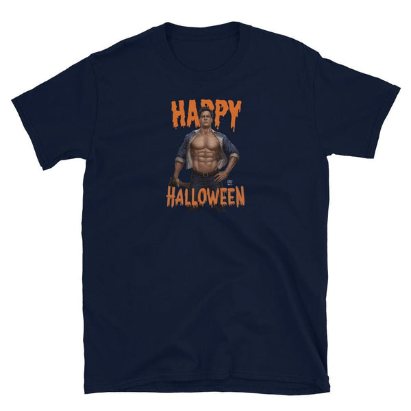 Gay Halloween Lumberjack Unisex T-Shirt featuring muscular man and Halloween text.