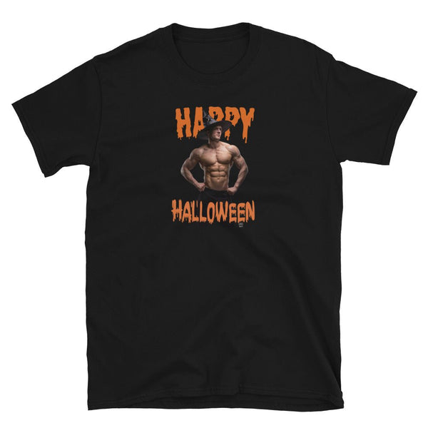 Gay Halloween Witch Unisex T-Shirt - Gay Jock Tee Halloween Shirt with bold Happy Halloween graphic.