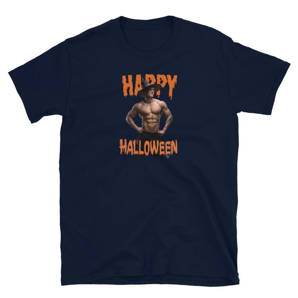 Gay Halloween Witch Unisex T-Shirt featuring a muscular model and spooky text design.