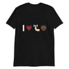 Black t-shirt with graphic saying 'I Love Muscle Bears', gay pride apparel.