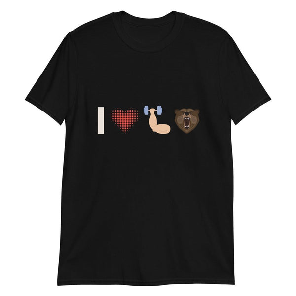Black t-shirt with graphic saying 'I Love Muscle Bears', gay pride apparel.