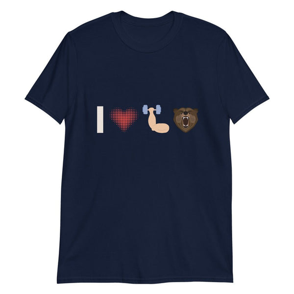 Navy blue tee featuring 'I Love Muscle Bears' gay graphic design.