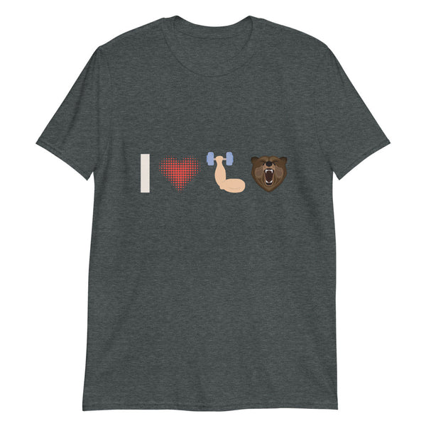 Gay I Love Muscle Bears Gay Emoji Shirt on dark background, featuring bear and weight emoji.