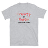 Gay Kinky Tshirt / BDSM Tshirt with 'Property of Master' design on grey fabric.
